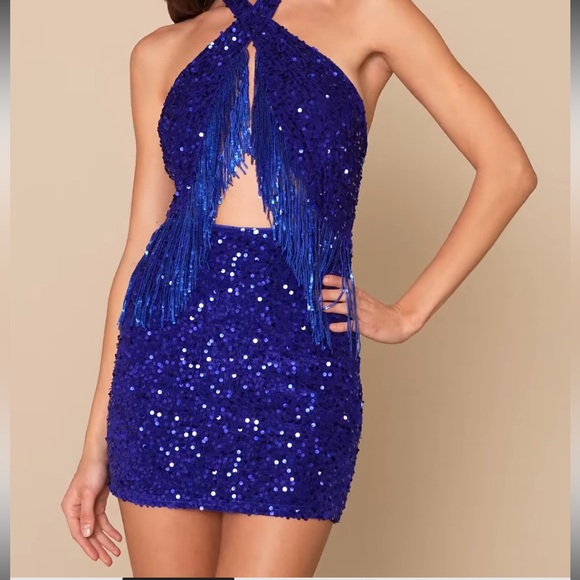 Lulus Dresses & Skirts - Lulus Royal Blue Elevated Dazzle Velvet Sequin Fringe Halter Mini Dress NWT L